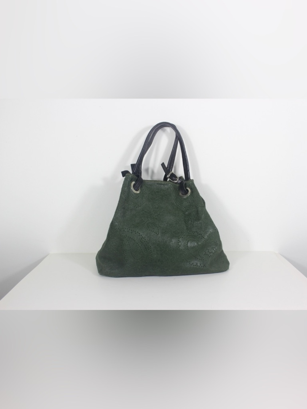 Vintage Mia Tomazzi Slouchy Hobo Leather Bag Dark GreenPaisley Pattern Black